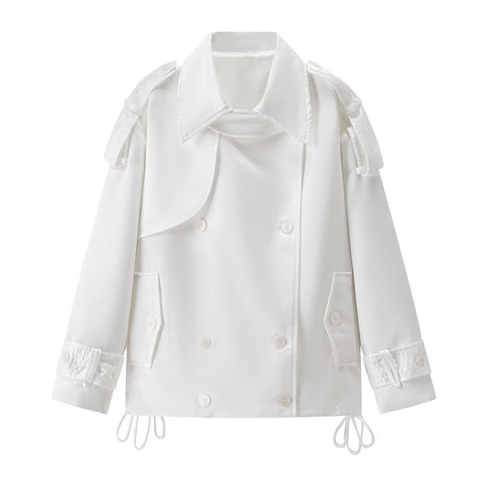 Long sleeved white double breasted loose jacket for women
