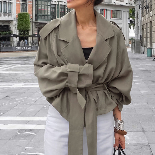 Style Women's Elegant Turn-Down Collar Belted Coat, Lazy Casual Versatile Trench Coat