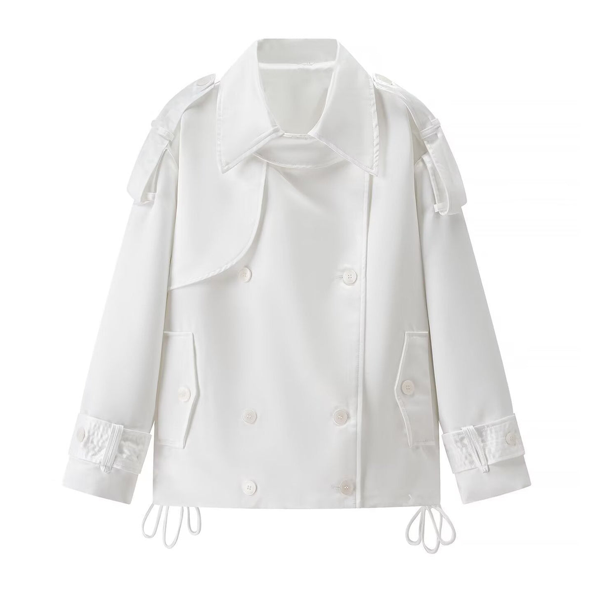 Long sleeved white double breasted loose jacket for women
