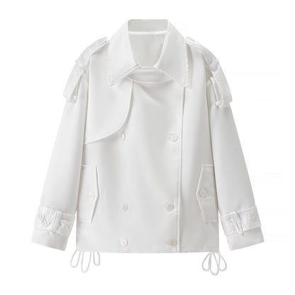 Long sleeved white double breasted loose jacket for women