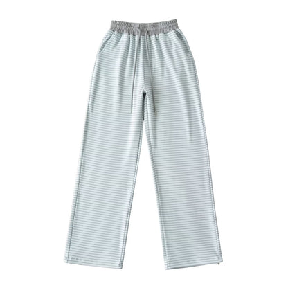 Derong lazy style contrasting striped high waisted wide leg pants